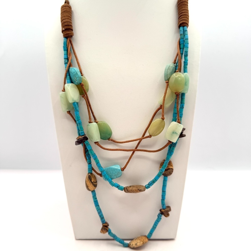 Turquoise and Light Green Multi-Strand Beaded Necklace